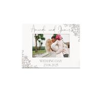 Personalised Wooden White Photo Frame with Custom Engraving, Wedding and Anniversary any occasion, Orchid Flowers