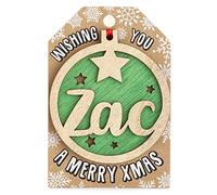 Personalised Wooden Zac Name Green Hanging Christmas Tree Bauble Decoration