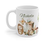 Personalised Woodland Hedgehog Coffee Mug, White Ceramic, Nature Themed Design with Butterfly, Mushroom Watercolor Art