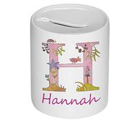 Personalised Woodland Initial Money Box - Custom Name White Ceramic Coin Bank Printed on Both Sides - 8cm Savings Pot for Boys & Girls - Birthday, New Baby, Christening & Baptism Gift