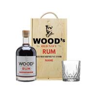 Personalised Woods Old Navy Rum Gift Set with Glass & Wooden Box - Custom Label - Navy Strength Dark Rum 70cl (57% ABV)