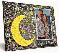 Personalised Word Cloud Chalkboard Love-Themed Wall Art Art A4 Wooden Plaque Photo Print Gift for Valentines Wedding Aniversarary (Moon & Stars)