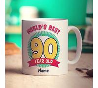 Personalised World's Best 90 Year Old Mug - Red - Add Any Name - Gift for Birthday, Christmas - Present for Mum, Dad Brother Sister, Boyfriend, Girlfriend, Grandad, Grandma - 11oz Ceramic Cup