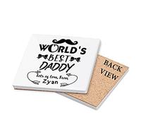 Personalised World's Best Daddy Fathers Day Moustache/Bow Love ANY NAME Funny Gift for Dad Birthday Coaster, Tableware, Drinks Coffee-Tea Coaster. (Ceramic Coaster)