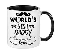 Personalised World's Best Daddy Fathers Day Moustache/Bow Love Any Name Funny Gift for Dad Birthday Coffee Tea Mug Unique Inside Coloured Ceramic Mug. (Black Inside Coloured and Handle)