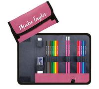 Personalised Wrap-Around Pencil Case with 12 Colouring Pencils, 2 HB Pencil embossed with name plus Helix Eraser and Metal Sharpener (Pink)