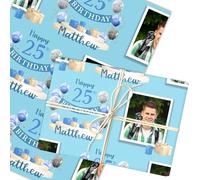 Personalised Wrapping Paper 25th Birthday Blue Photo For Him Custom Gift Wrap | Custom Gift Wrap, Sheets or Rolls, Customised Personalized Wrapping Paper