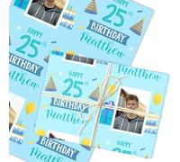 Personalised Wrapping Paper 25th Birthday Photo Blue For Him Custom Gift Wrap | Custom Gift Wrap, Sheets or Rolls, Customised Personalized Wrapping Paper