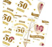 Personalised Wrapping Paper 50th Wedding Anniversary 50 Year Photo Gold Heart | Custom Gift Wrap, Sheets or Rolls, Customised Personalized Wrapping Paper