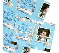 Personalised Wrapping Paper 65th Birthday Blue Photo For Him Custom Gift Wrap | Custom Gift Wrap, Sheets or Rolls, Customised Personalized Wrapping Paper