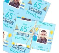 Personalised Wrapping Paper 65th Birthday Photo Blue For Him Custom Gift Wrap | Custom Gift Wrap, Sheets or Rolls, Customised Personalized Wrapping Paper