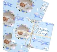 Personalised Wrapping Paper Christening Day Boy Photo Blue Flowers Gift Wrap | Custom Gift Wrap, Sheets or Rolls, Customised Personalized Wrapping Paper