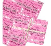 Personalised Wrapping Paper Christening Day Girl Pink Grey Stars Gift Wrap | Custom Gift Wrap, Sheets or Rolls, Customised Personalized Wrapping Paper