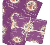 Personalised Wrapping Paper Retirement Photo Confetti Purple Gold Gift Wrap | Custom Gift Wrap, Sheets or Rolls, Customised Personalized Wrapping Paper