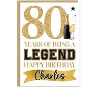 Personalised Years of Being a Legend Champagne Black Gold Design Custom Age Name on Banner with Age - 30th 40th 50th 60th 70th 80th 90th Milestone Birthday Card for Men (80)