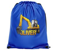 Personalised Yellow Digger Drawstring Bag, Custom Back to School and Nursery Gifts for Boys, Digger Crazy Boys, Essential Kids PE Kit Swimming Bag, One Size, Royal