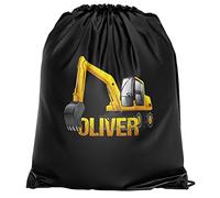 Personalised Yellow Digger Drawstring Bag, Custom Back to School and Nursery Gifts for Boys, Digger Crazy Boys, Essential Kids PE Kit Swimming Bag, One Size, Black