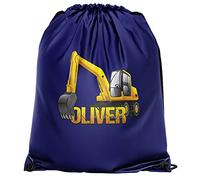 Personalised Yellow Digger Drawstring Bag, Custom Back to School and Nursery Gifts for Boys, Digger Crazy Boys, Essential Kids PE Kit Swimming Bag, One Size, Navy