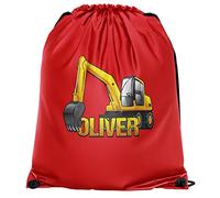 Personalised Yellow Digger Drawstring Bag, Custom Back to School and Nursery Gifts for Boys, Digger Crazy Boys, Essential Kids PE Kit Swimming Bag, One Size, Red