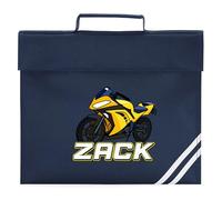 Personalised Yellow Motorbike Book Bag for Boys Superbike Bikes Return to School Nursery Kids Bag, One Size, Navy