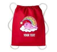Personalised Your Text Narwhal Unicorn Fish Backpack Kawaii Fish Rucksack Drawstring Bag (Red)