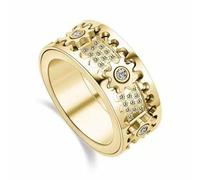 Personality Diamond Ornate Geometric 3D Band Ring,Pure Handmade Gear Full Diamond Ring,For Women Men Teens, Ring with Moving Gears Mechanical Decompression Anxiety (Middle diamond yellow gold, V)