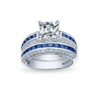Personalize 3CT Art Deco Style Blue Square Princess Cut Solitaire Clear AAA CZ Engagement Anniversary Wedding Ring Set .925 Sterling Silver Customizable