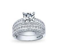 Personalize 3CT Art Deco Style Blue Square Princess Cut Solitaire Clear AAA CZ Engagement Anniversary Wedding Ring Set .925 Sterling Silver Customizable