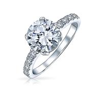 Personalize AAA CZ Round Brilliant Solitaire Engagement Ring For Women .925 Sterling Silver Cubic Zirconia Pave Side Stone 2MM Band Customizable