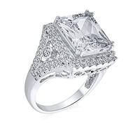 Personalize Art Deco Estate Style Big Cocktail Ring AAA CZ Rectangle Radiant Brilliant Emerald Cut Statement Engagement Ring For Women Side Stone .925 Sterling Silver Customizable