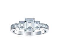 Personalize Art Deco Style 2CT AAA CT Rectangle Three Stone Past Present Future Emerald Cut Promise Engagement Ring For Women .925 Sterling Silver Baguette Side Stone Band Customizable