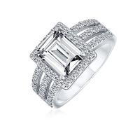 Personalize Art Deco Style 3CT Rectangle AAA CZ Emerald Cut Halo Engagement Ring For Women Wide Band .925 Sterling Silver Customizable