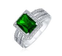 Personalize Art Deco Style 3CT Rectangle AAA CZ Green Emerald Cut Halo Engagement Ring For Women Wide Band .925 Sterling Silver Customizable