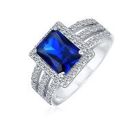 Personalize Art Deco Style 3CT Rectangle AAA CZ Simulated Sapphire Royal Blue Emerald Cut Halo Engagement Ring For Women Wide Band .925 Sterling Silver Customizable