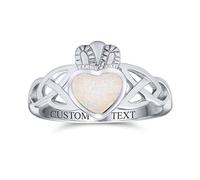 Personalize BFF Celtic Irish Friendship Couples Promise Created Opal Claddagh Ring For Women Girlfriend Teens .925 Sterling Silver October Birthstone Custom Engraved