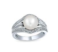 Personalize Bridal Art Deco Style Freshwater White Cultured Pearl Cocktail Statement Engagement Ring For Women Pave Triple Split Band .925 Sterling Silver Customizable