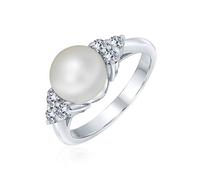 Personalize Bridal Party CZ Side Stones White Solitaire Freshwater Cultured Pearl Engagement Cocktail Ring For Women .925 Sterling Silver Customizable