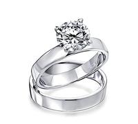 Personalize Classic Simple Cubic Zirconia Round Solitaire Wide Band AAA CZ Anniversary Engagement Wedding Ring Set For Women .925 Sterling Silver Customizable