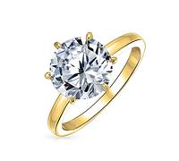 Personalize Classic Timeless Cubic Zirconia AAA CZ 6 Prong Setting Round Brilliant Cut Solitaire Engagement Ring For Women Thin 2MM Band .925 Sterling Silver Yellow Gold Plated Customizable