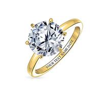 Personalize Classic Timeless Cubic Zirconia AAA CZ 6 Prong Setting Round Brilliant Cut Solitaire Engagement Ring For Women Thin 2MM Band .925 Sterling Silver Yellow Gold Plated Custom Engraved