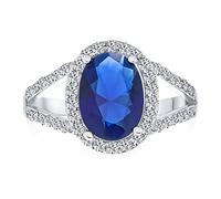 Personalize Classic Traditional AAA CZ Brilliant Simulated Royal Blue Sapphire Cut Halo Statement Oval Solitaire Engagement Ring For Women With Split Shank Thin Band Silver Plated Customizable