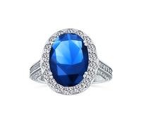 Personalize Estate Vintage Style Cocktail Halo AAA CZ Simulated Blue Sapphire Oval Solitaire Statement Engagement Ring For Women .925 Sterling Silver Pave Side Stones Customizable