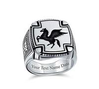 Personalize Large 2 Tone Ancient Greek Mythical Flying Horse Creature Pegasus Signet Ring For Men Teen Oxidized .925 Sterling Silver Custom Engraved