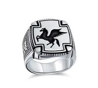Personalize Large 2 Tone Ancient Greek Mythical Flying Horse Creature Pegasus Signet Ring For Men Teen Oxidized .925 Sterling Silver Customizable