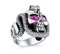 Personalize Large Men's Punk Rocker Biker Jewelry Halloween Devil Gothic Caribbean Pirate Day Of Dead Simulated Red Ruby CZ Eyes Serpent Snake Skull Head Ring For Men Oxidized .925 Sterling Silver