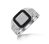 Personalize Mens Geometric Micro Pave Halo Square Two Tone White Black CZ Cubic Zirconia Engagement Statement Ring For Men .925 Sterling Silver Customizable