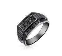 Personalize Mens Geometric Micro Rectangle Black CZ Cubic Zirconia Statement Ring For Men .925 Sterling Silver Signet Championship Ring For Men Customizable