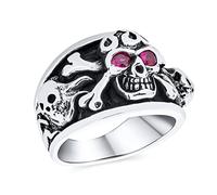 Personalize Men's Punk Rocker Biker Jewelry Gothic Caribbean Pirate Crossbones Flaming Multi Skull Heads Band Ring For Men with Simulated Red Ruby CZ Eyes Oxidized .925 Sterling Silver