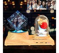 Personalize Photo Crystal Photo Frame Idea Gifts Custom Cube Crystal Photo frame with Bluetooth Rotating Base with Coloured Lights Frame Ornament for girlfriend best friend classmate wife