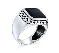 Personalize Retro Classic Elegant Chain Link Accent Black Onyx Gemstone Square Signet Ring For Men Heavy Oxidized .925 Sterling Silver Handmade In Turkey